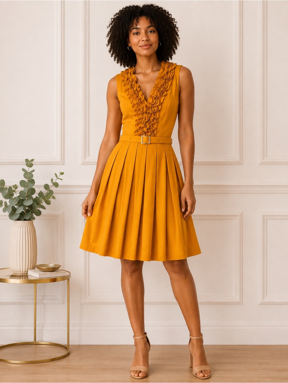 Cache Mustard Yellow Ruffle Neck Belted Dress
